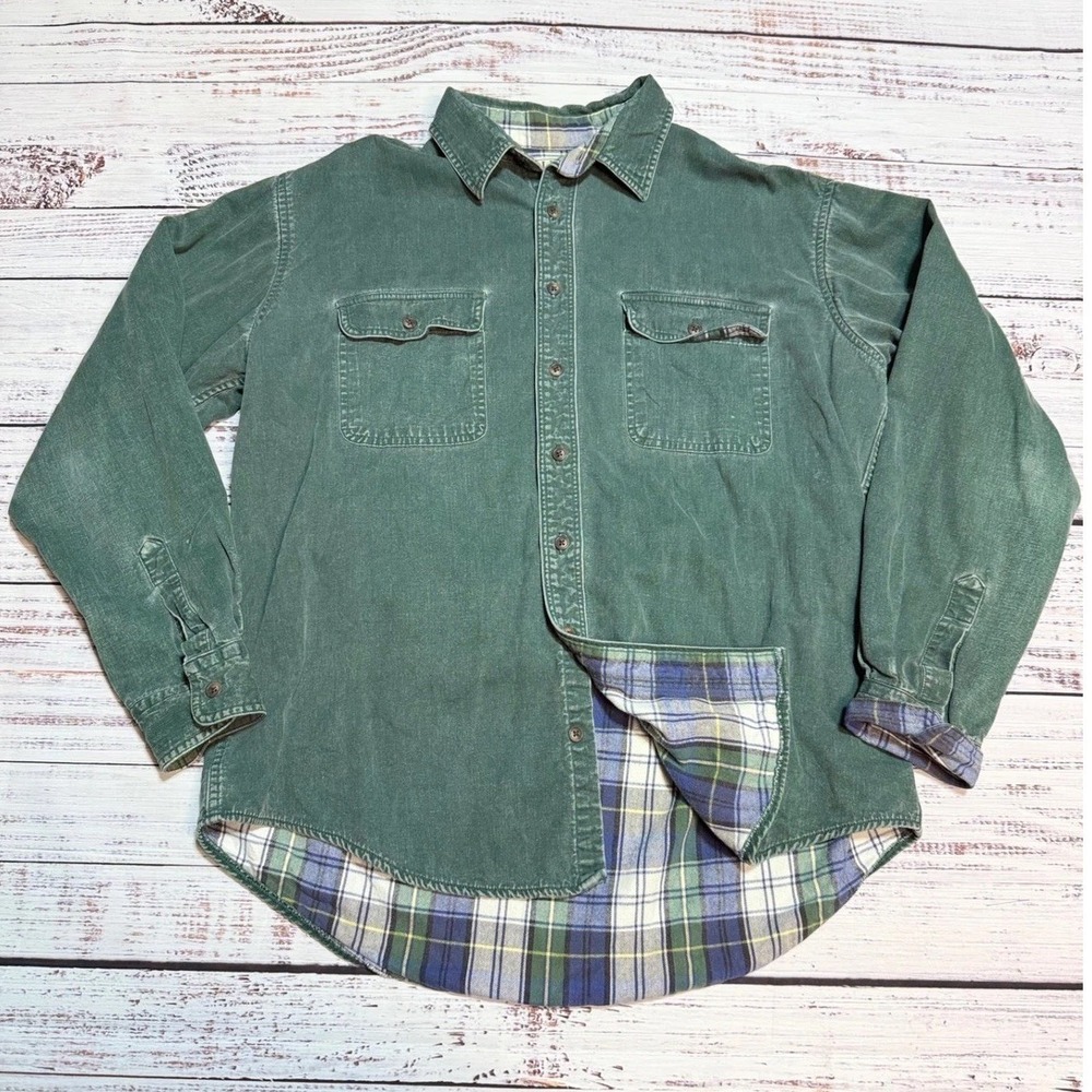 LL Bean hurricane Shirt Large Regular Flannel Lined Green Cotton Made in USA vtg